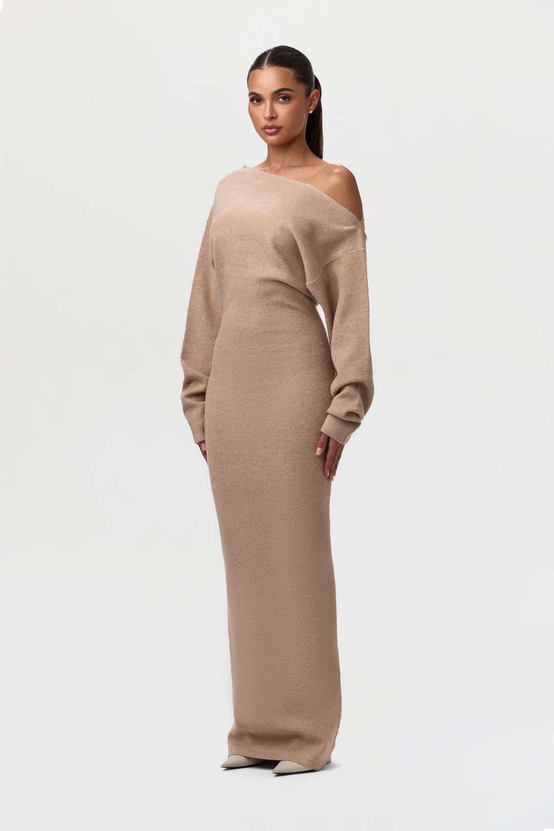Sorvienne Slim Asymmetric Off Shoulder Knit Dress in Taupe