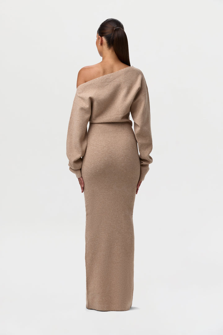 Sorvienne Slim Asymmetric Off Shoulder Knit Dress in Taupe