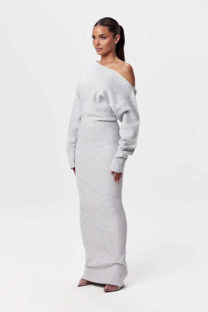 Sorvienne Slim Asymmetric Off Shoulder Knit Dress in Light Grey