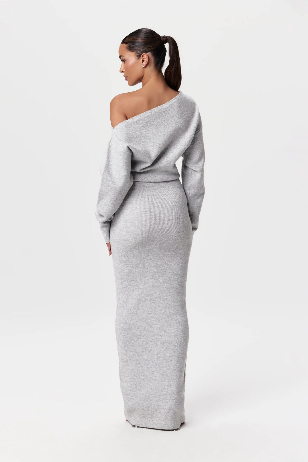 Sorvienne Slim Asymmetric Off Shoulder Knit Dress in Light Grey