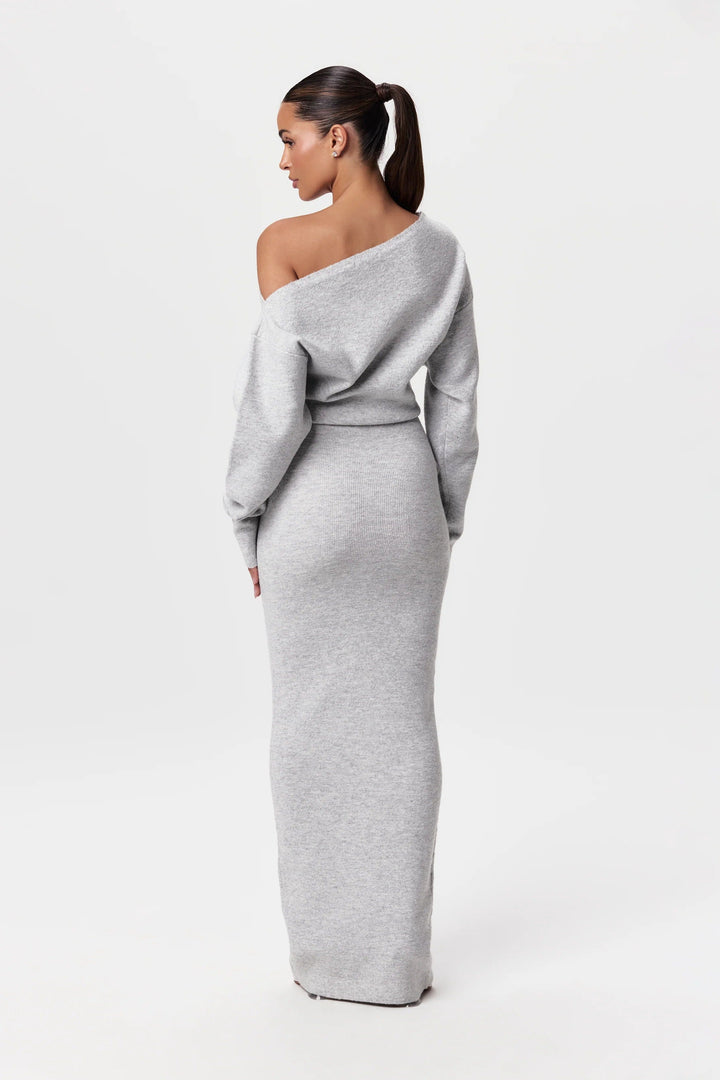 Sorvienne Slim Asymmetric Off Shoulder Knit Dress in Light Grey