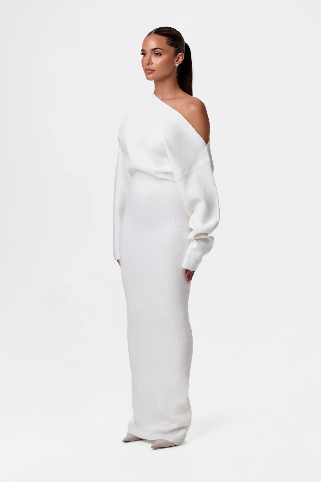 Sorvienne Slim Asymmetric Off Shoulder Knit Dress in Ivory