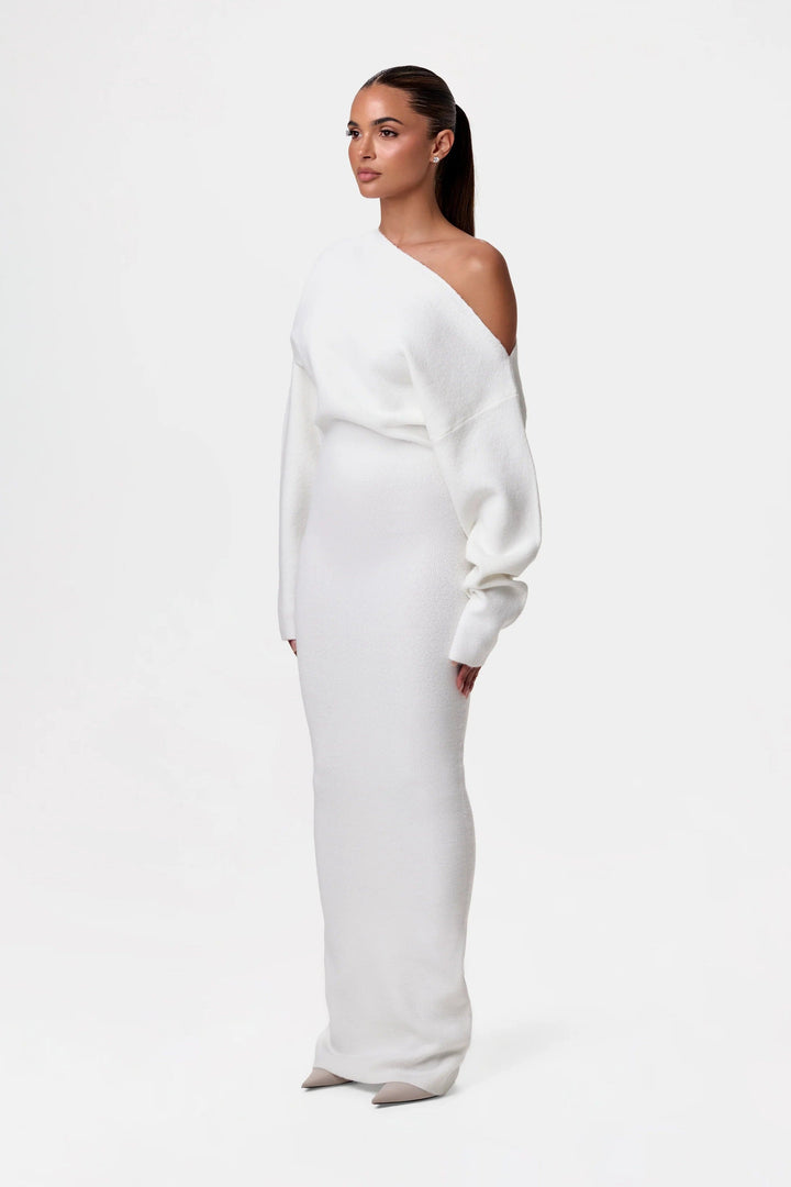 Sorvienne Slim Asymmetric Off Shoulder Knit Dress in Ivory