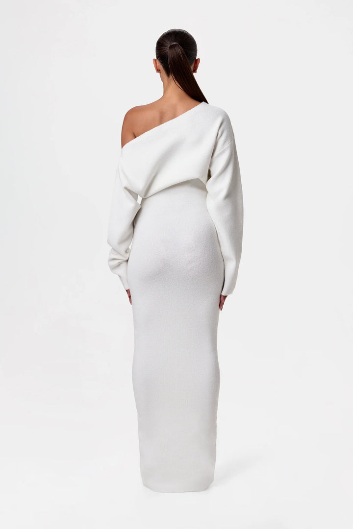 Sorvienne Slim Asymmetric Off Shoulder Knit Dress in Ivory