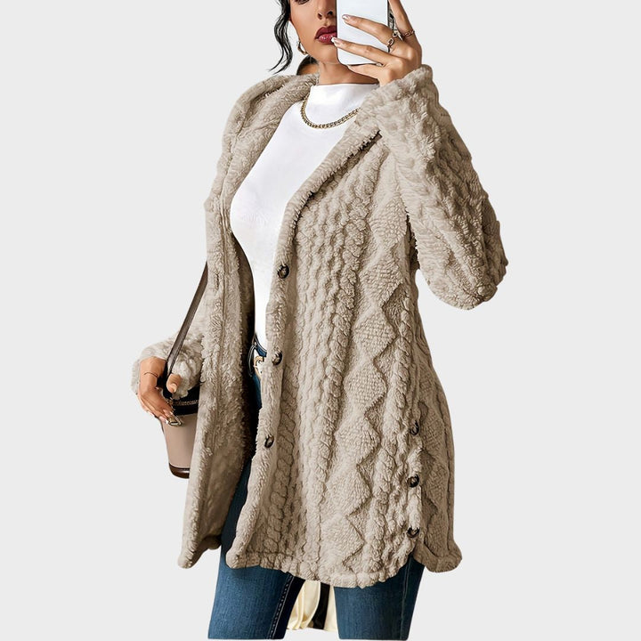 Sorvienne Relaxed Cable Texture Hooded Fleece Cardigan in Taupe