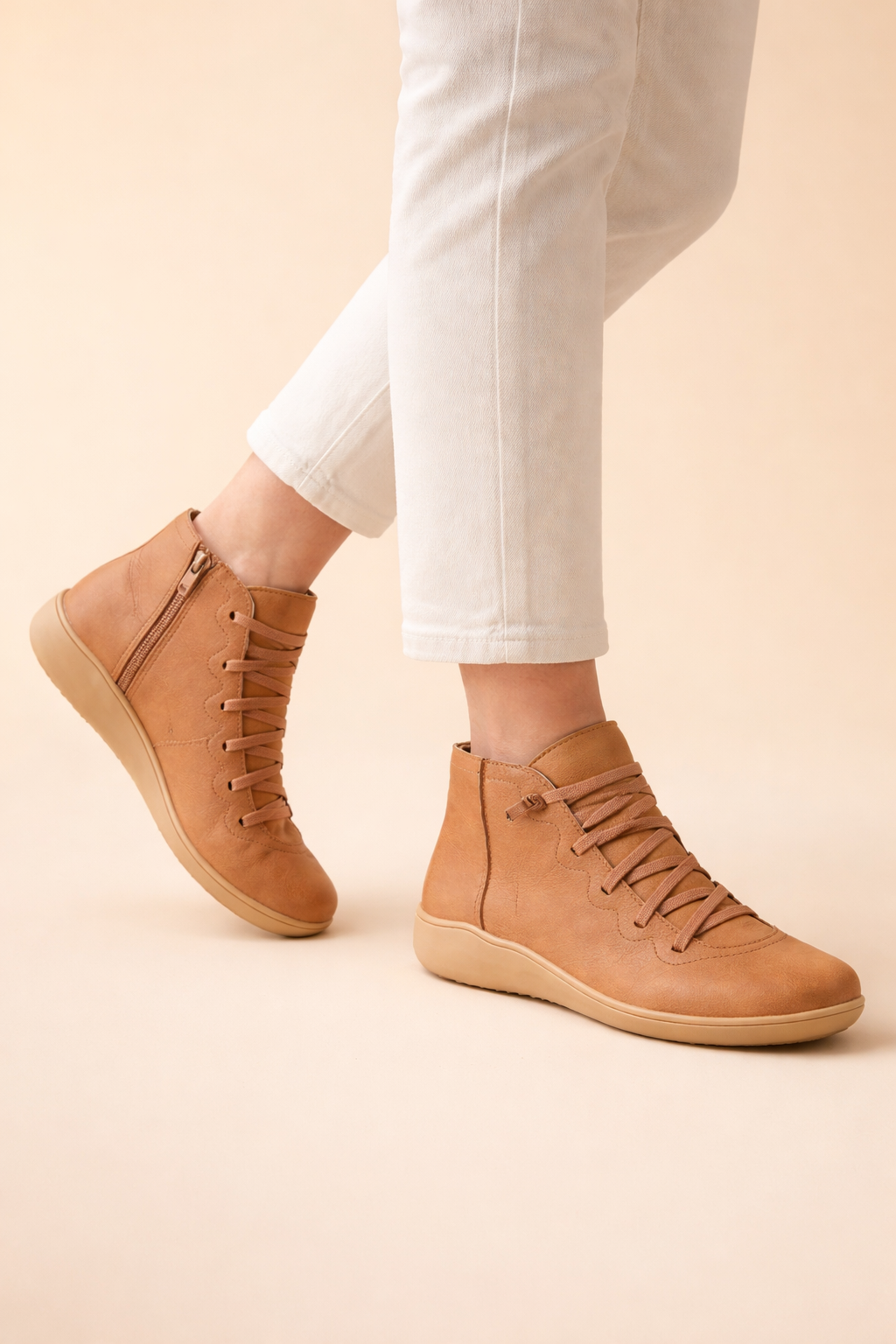 Sorvienne Cushioned Lace Up Comfort Ankle Boots in Tan