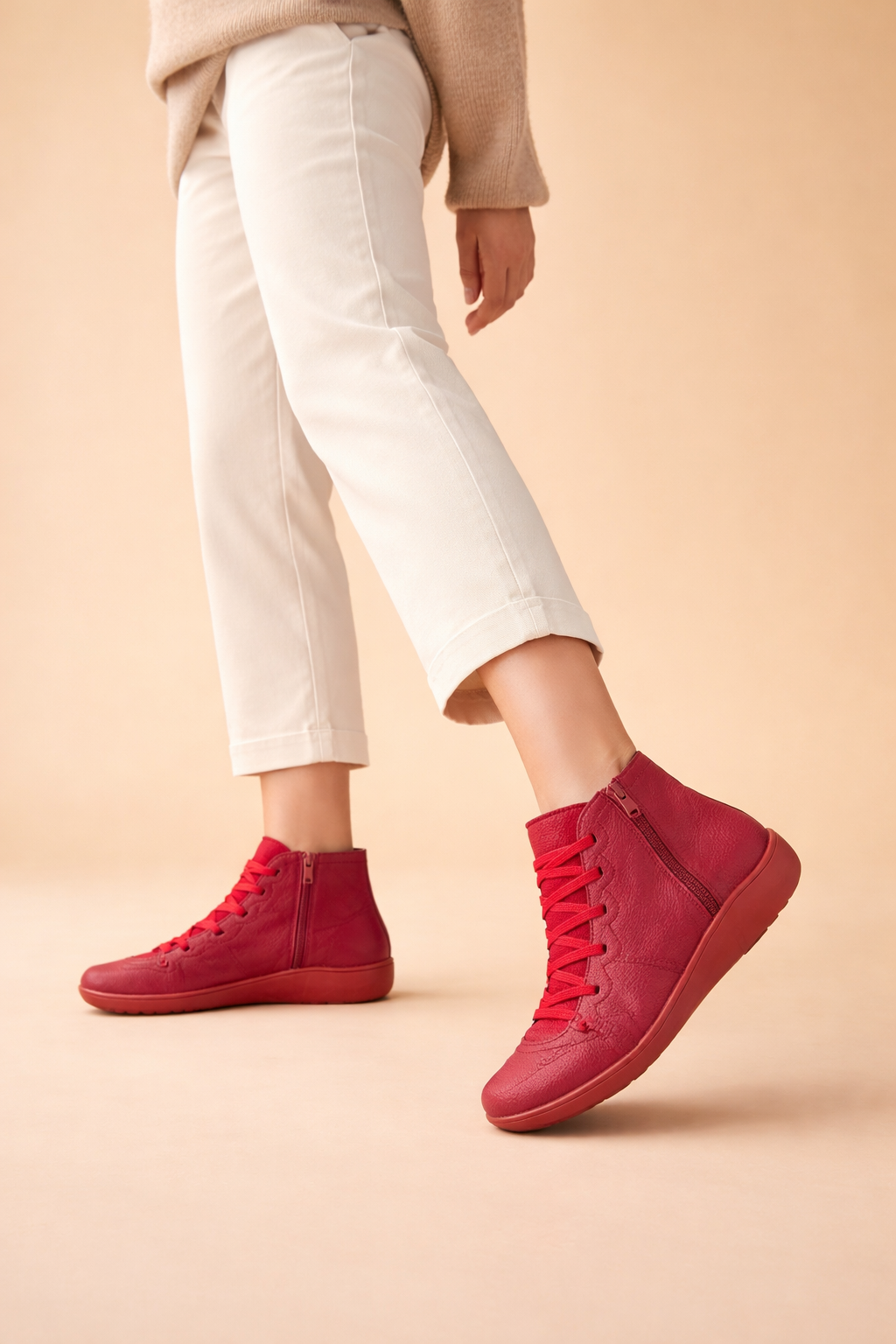 Sorvienne Cushioned Lace Up Comfort Ankle Boots in Red