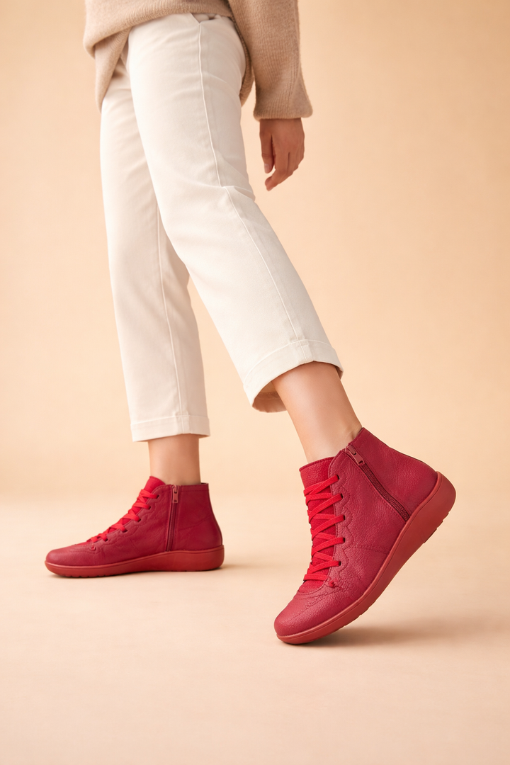 Sorvienne Cushioned Lace Up Comfort Ankle Boots in Red