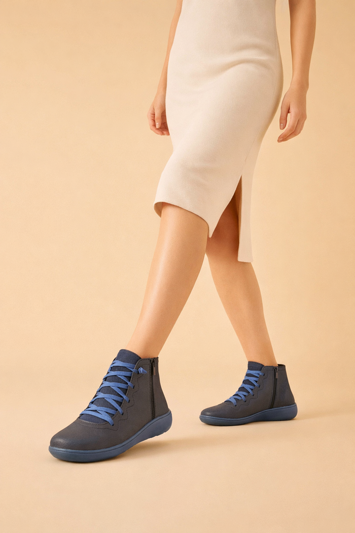 Sorvienne Cushioned Lace Up Comfort Ankle Boots in Navy