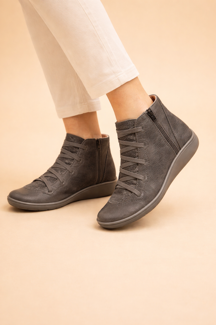 Sorvienne Cushioned Lace Up Comfort Ankle Boots in Grey