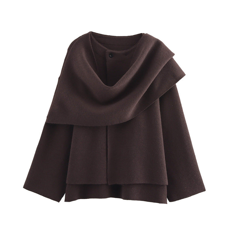 Sorvienne Relaxed Asymmetric Scarf Coat in Chocolate
