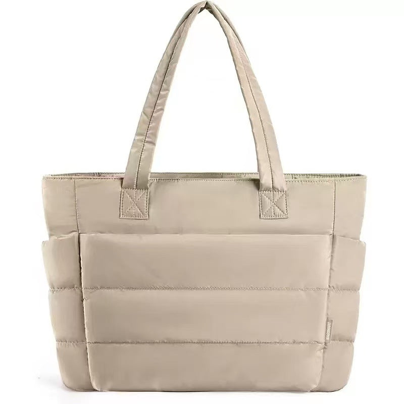 Sorvienne Quilted Puffer Tote Bag with Laptop Sleeve in Beige