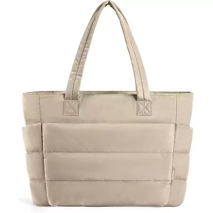 Sorvienne Quilted Puffer Tote Bag with Laptop Sleeve in Beige
