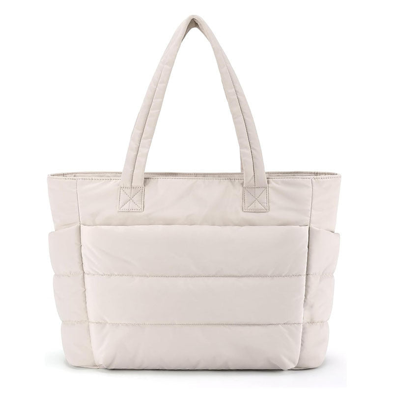 Sorvienne Quilted Puffer Tote Bag with Laptop Sleeve in Cream