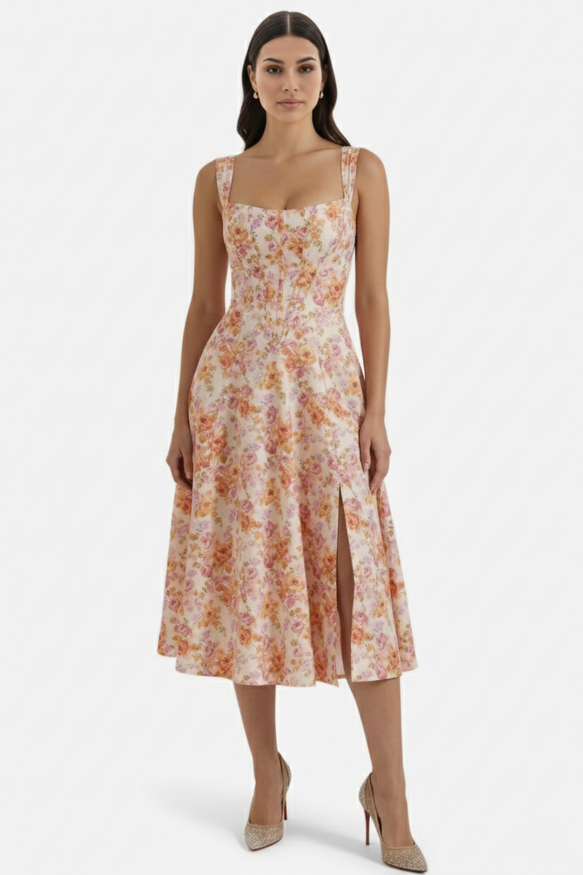 Sundress Floral Print Corset Bodice Side Slit Midi - Siopie