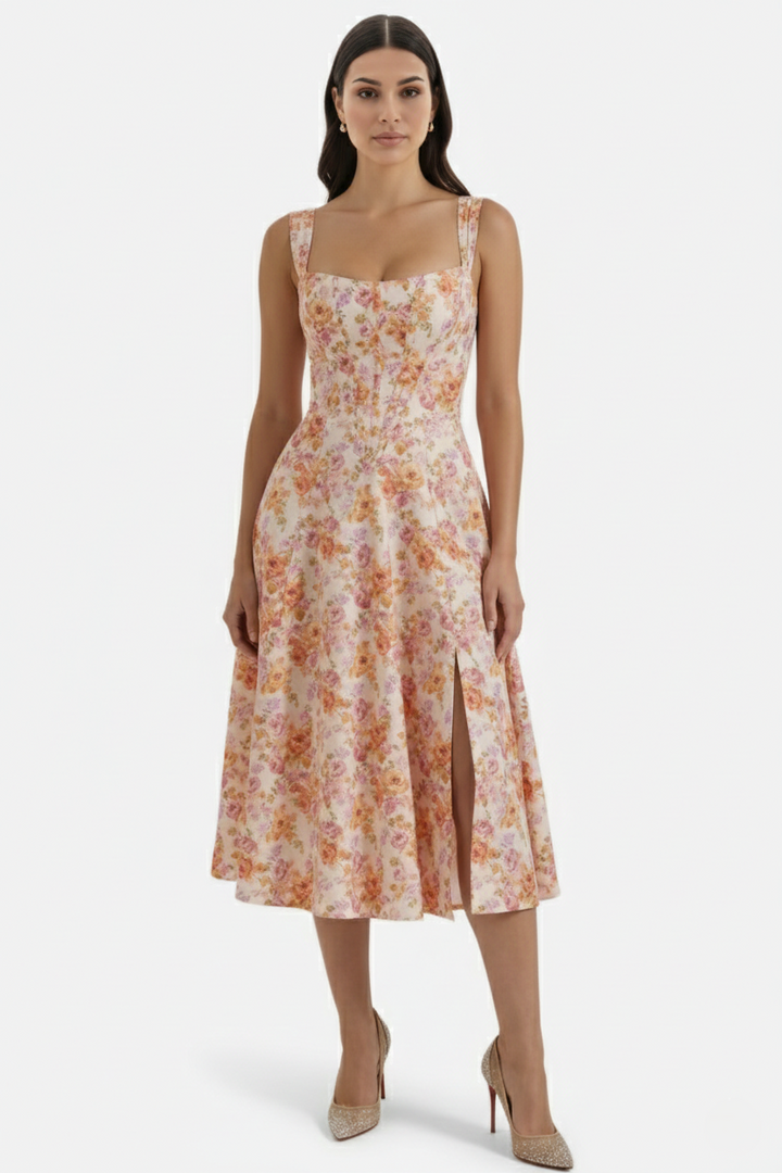 Sundress Floral Print Corset Bodice Side Slit Midi - Siopie