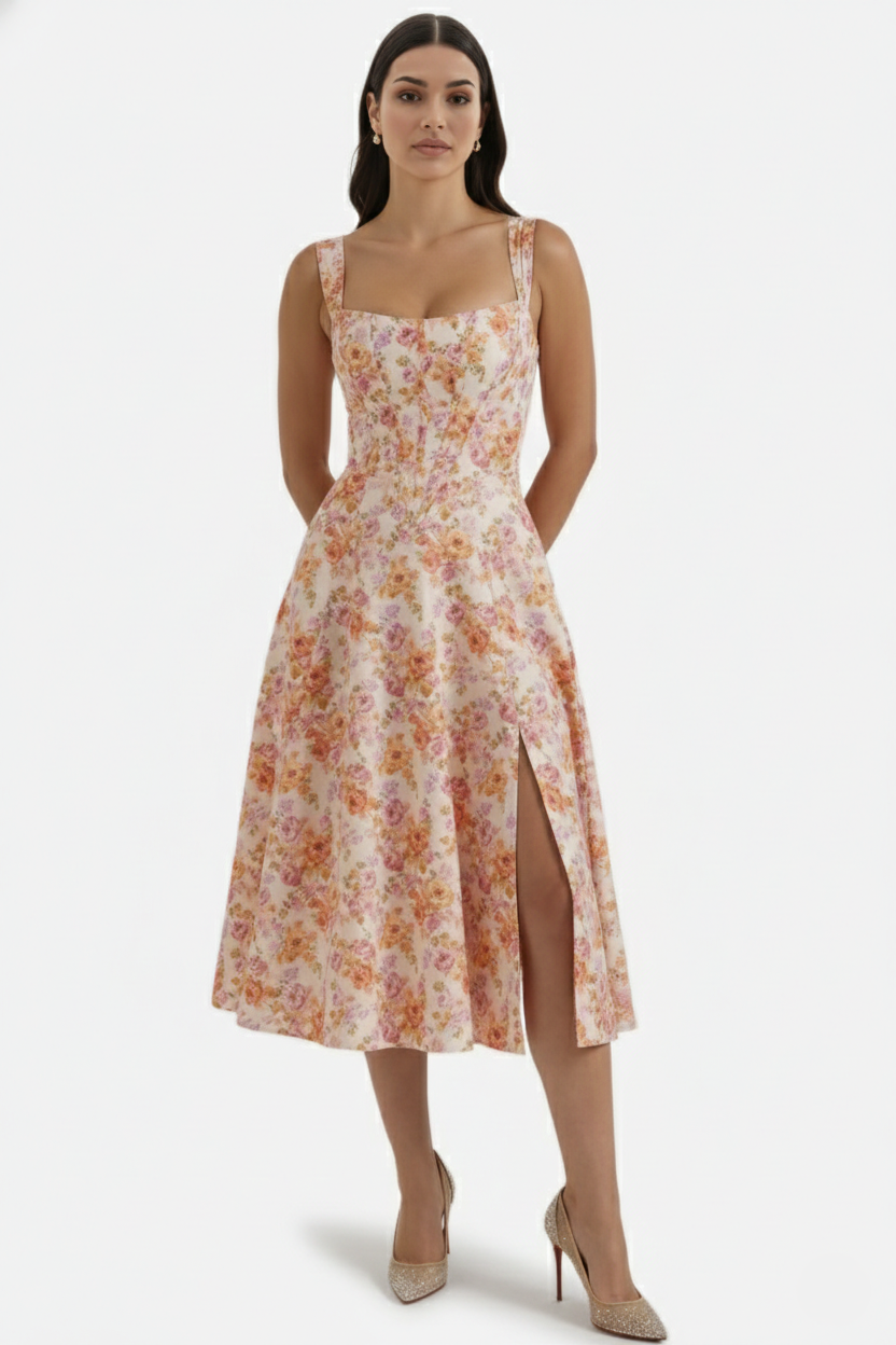 Sundress Floral Print Corset Bodice Side Slit Midi - Siopie