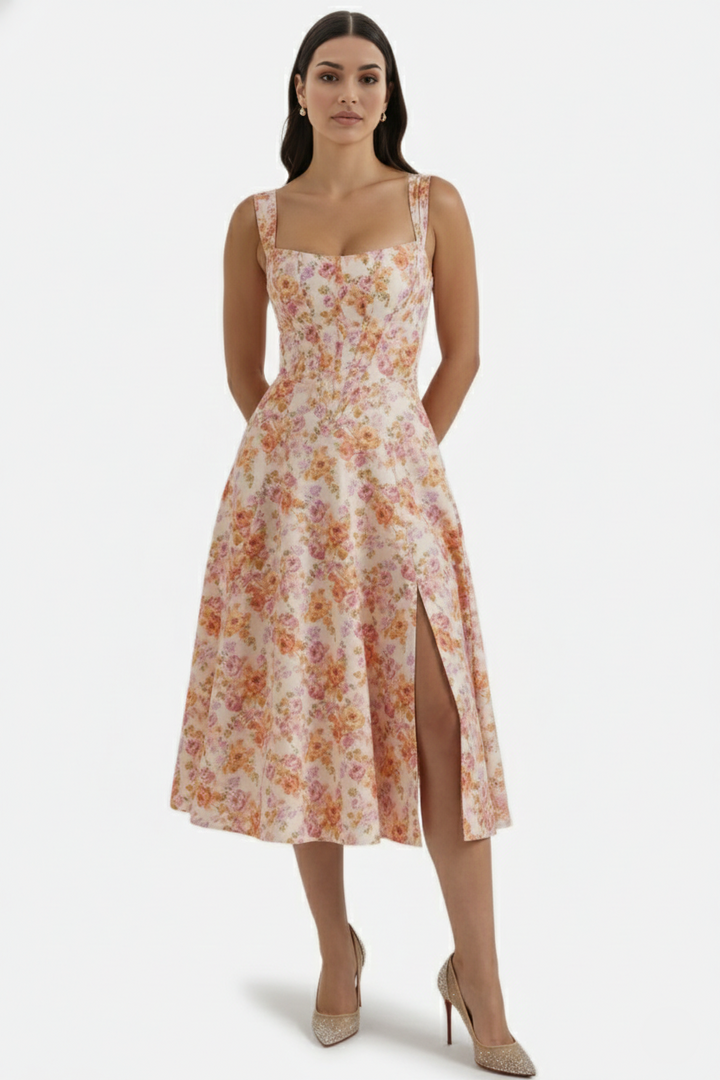 Sundress Floral Print Corset Bodice Side Slit Midi - Siopie
