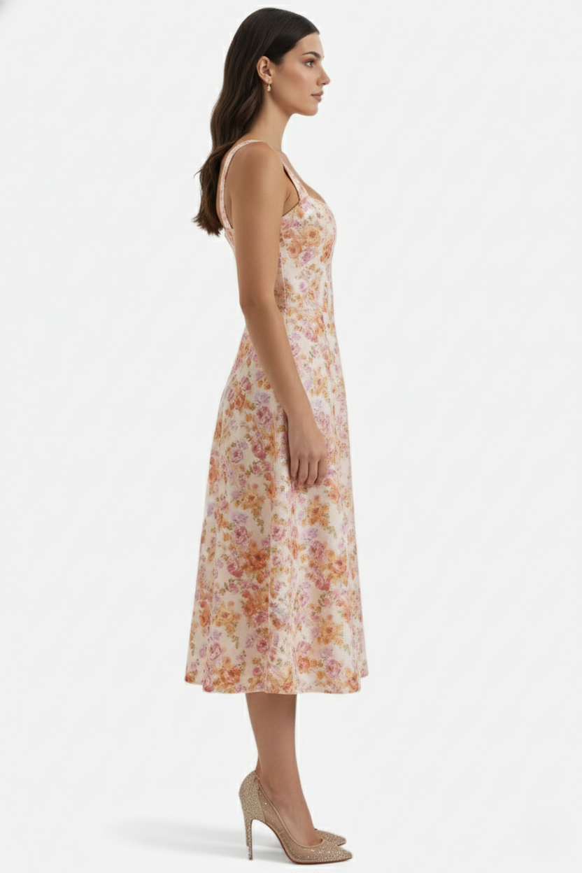 Sundress Floral Print Corset Bodice Side Slit Midi - Siopie