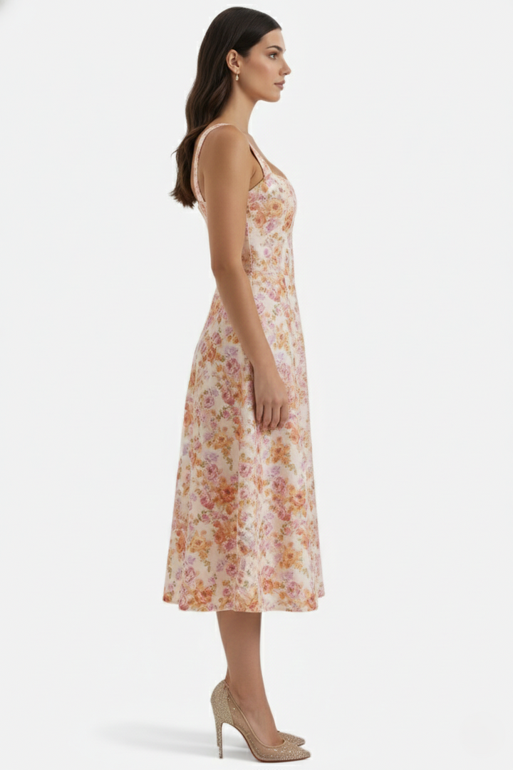 Sundress Floral Print Corset Bodice Side Slit Midi - Siopie
