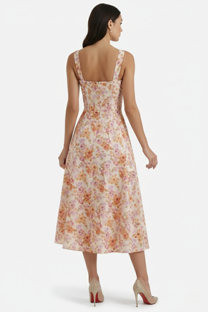 Sundress Floral Print Corset Bodice Side Slit Midi - Siopie