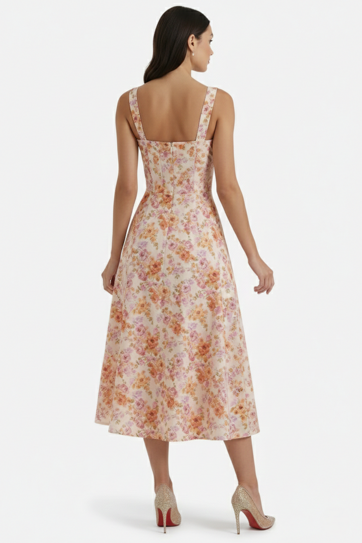 Sundress Floral Print Corset Bodice Side Slit Midi - Siopie