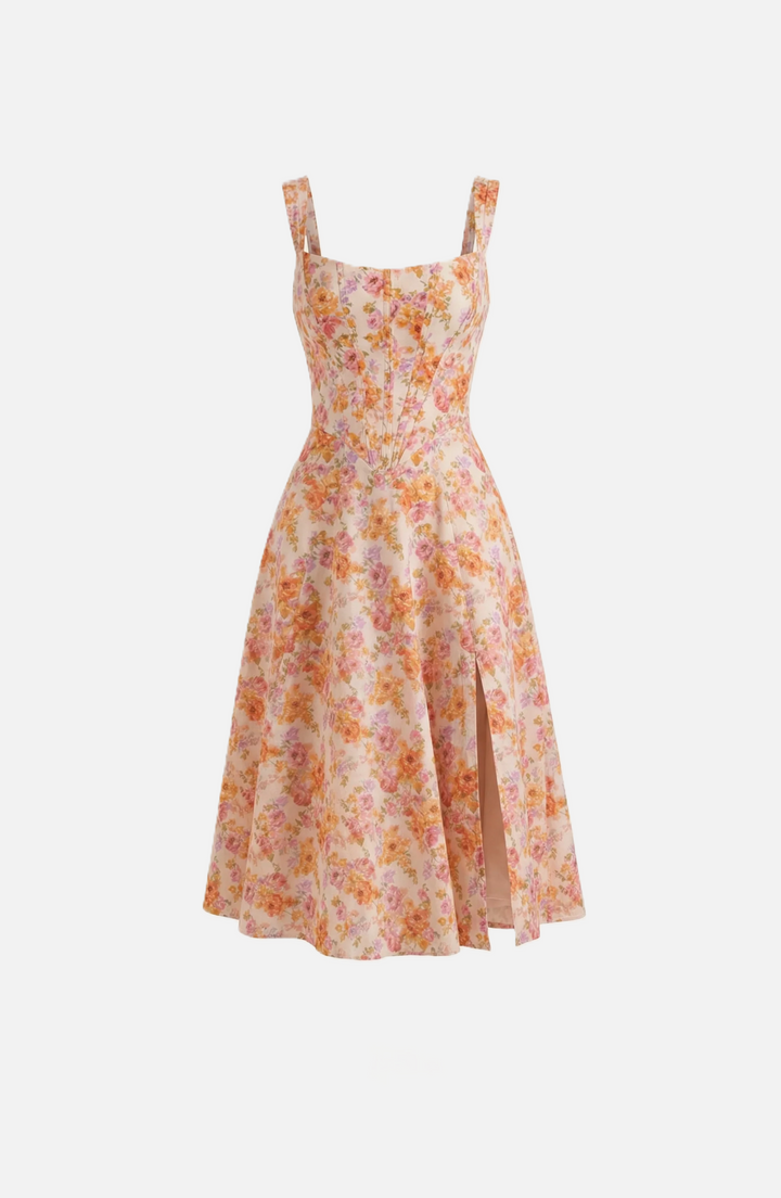 Sundress Floral Print Corset Bodice Side Slit Midi - Siopie