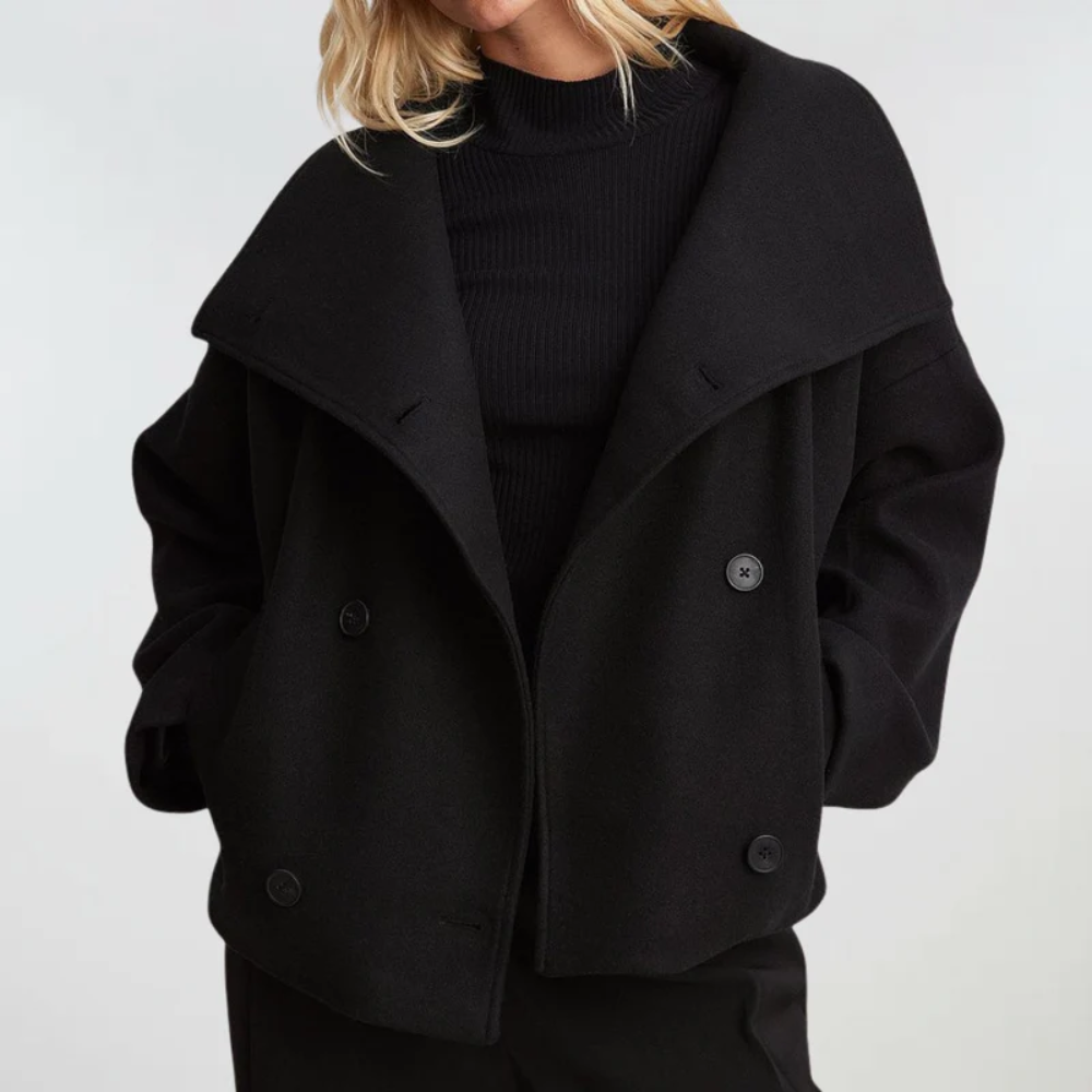 Sorvienne Oversized Wide Collar Cropped Coat in Black