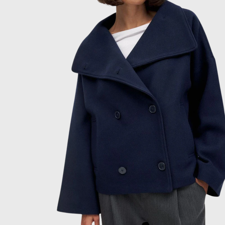 Sorvienne Oversized Wide Collar Cropped Coat in Navy