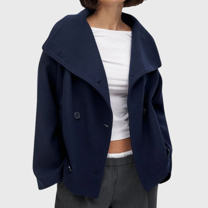 Sorvienne Oversized Wide Collar Cropped Coat in Navy