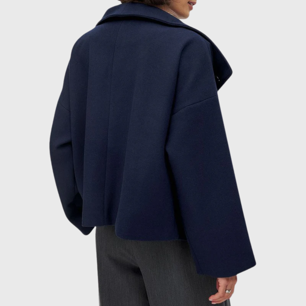 Sorvienne Oversized Wide Collar Cropped Coat in Navy