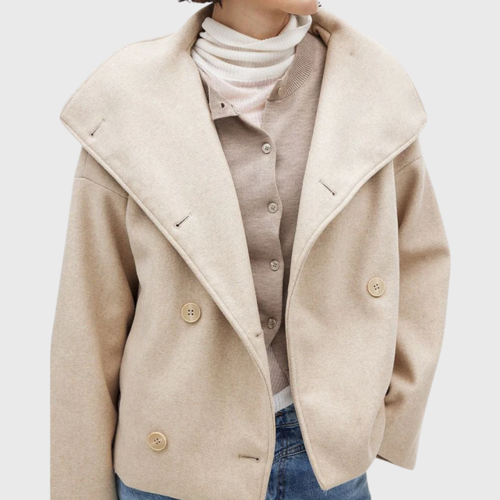 Sorvienne Oversized Wide Collar Cropped Coat in Beige