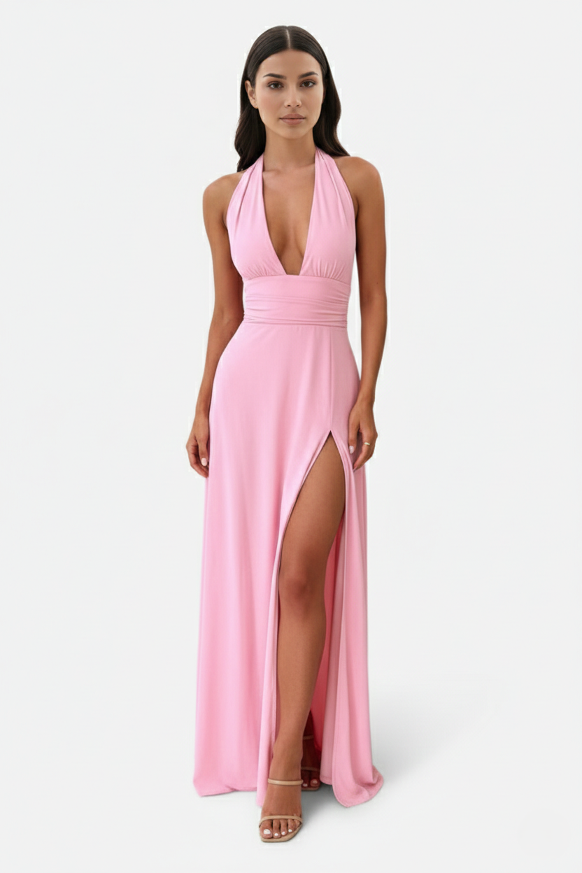 Halter V-Neck Cross Back Bow Tie High Thigh Slit Maxi Dress - Siopie
