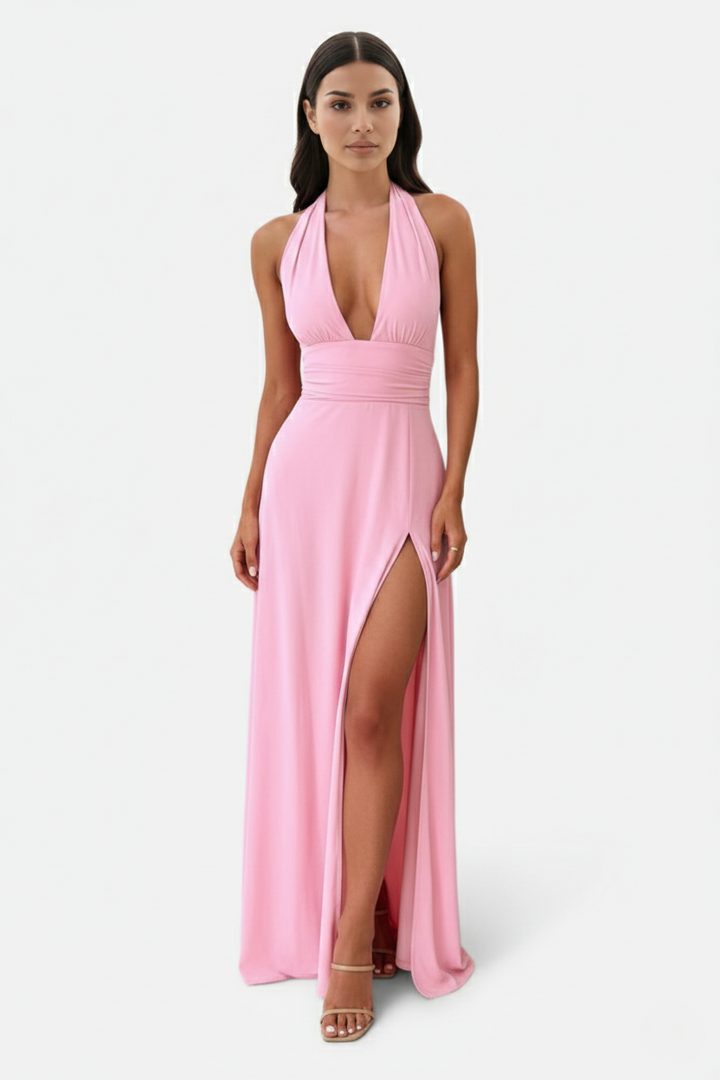 Halter V-Neck Cross Back Bow Tie High Thigh Slit Maxi Dress - Siopie