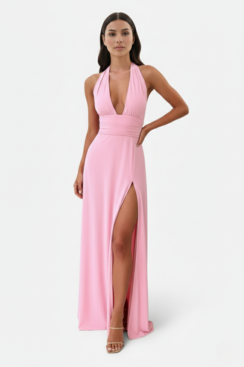 Halter V-Neck Cross Back Bow Tie High Thigh Slit Maxi Dress - Siopie