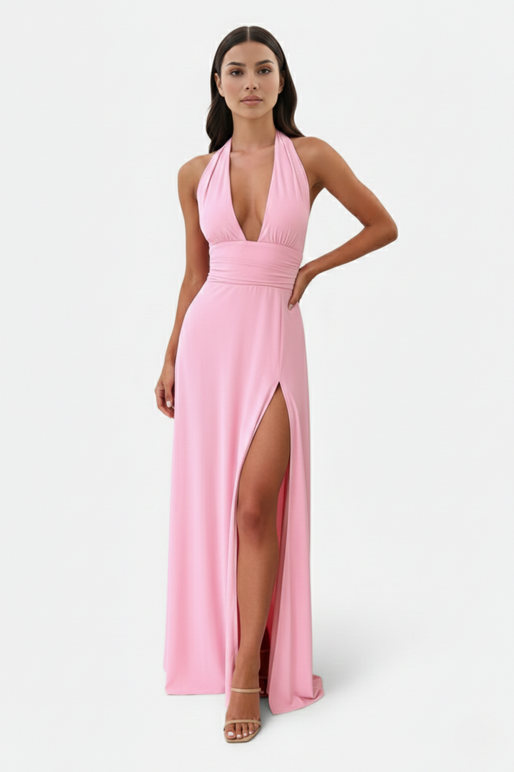 Halter V-Neck Cross Back Bow Tie High Thigh Slit Maxi Dress - Siopie