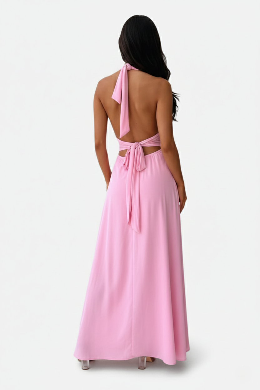Halter V-Neck Cross Back Bow Tie High Thigh Slit Maxi Dress - Siopie