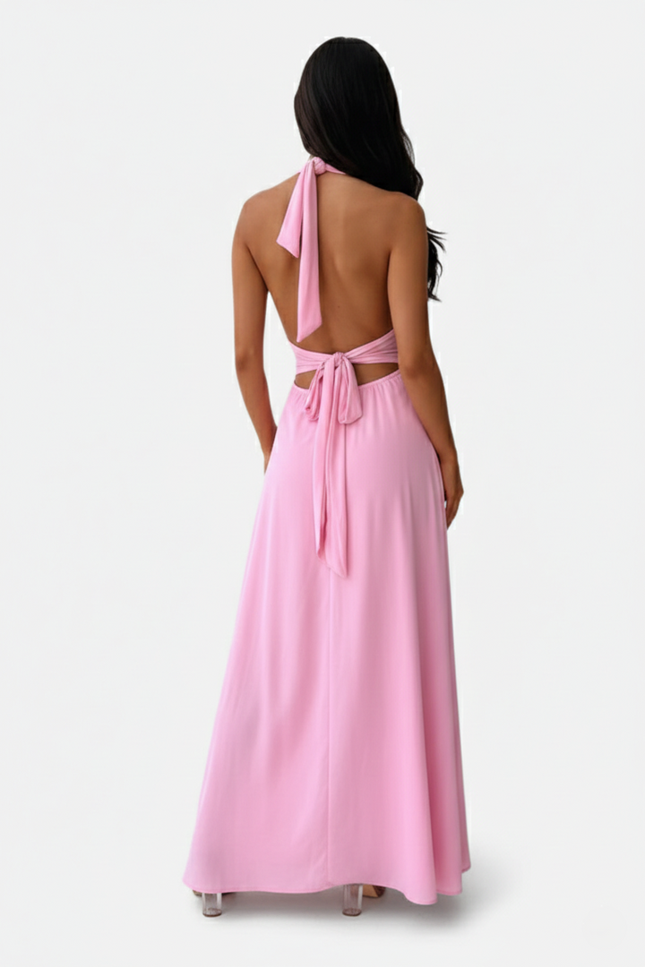 Halter V-Neck Cross Back Bow Tie High Thigh Slit Maxi Dress - Siopie