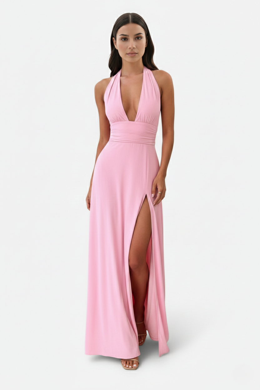 Halter V-Neck Cross Back Bow Tie High Thigh Slit Maxi Dress - Siopie