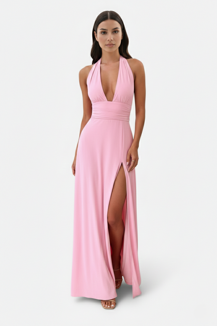 Halter V-Neck Cross Back Bow Tie High Thigh Slit Maxi Dress - Siopie