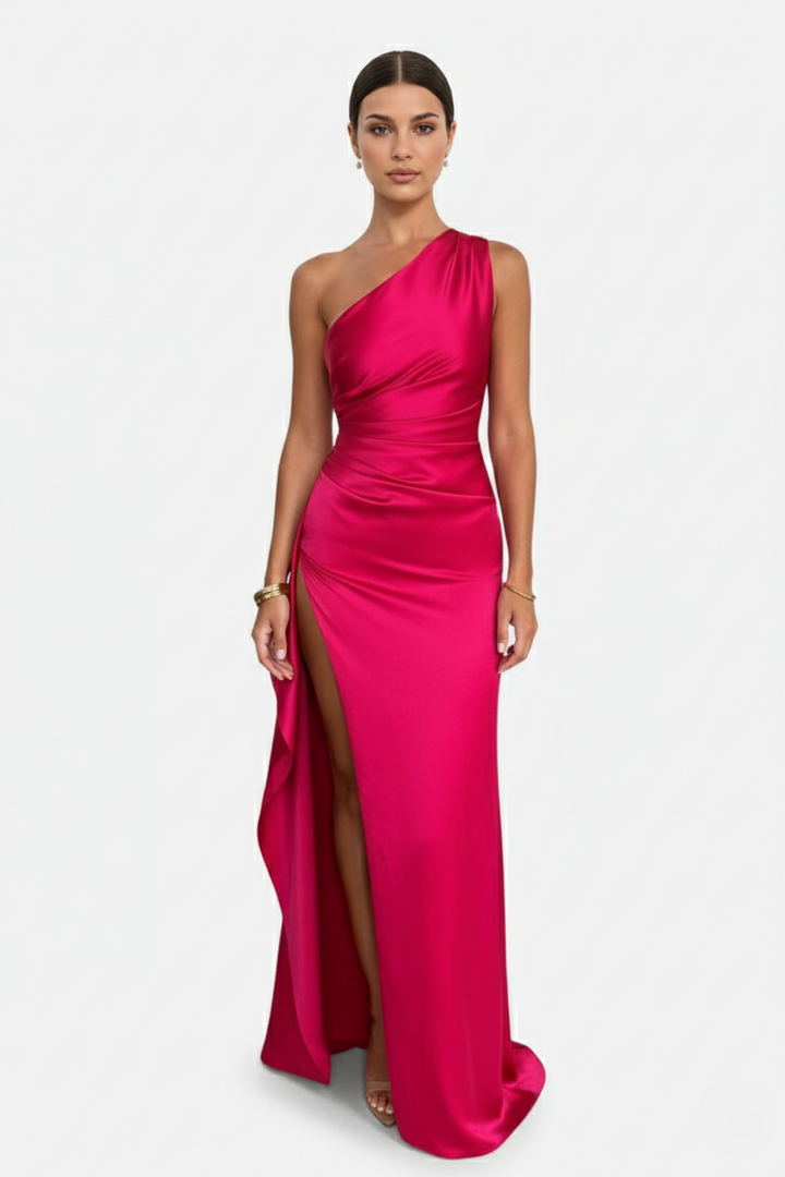Satin One-Shoulder Maxi Dress High Side Slit - Siopie