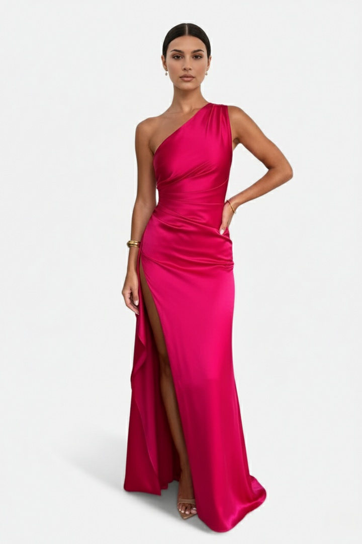 Satin One-Shoulder Maxi Dress High Side Slit - Siopie