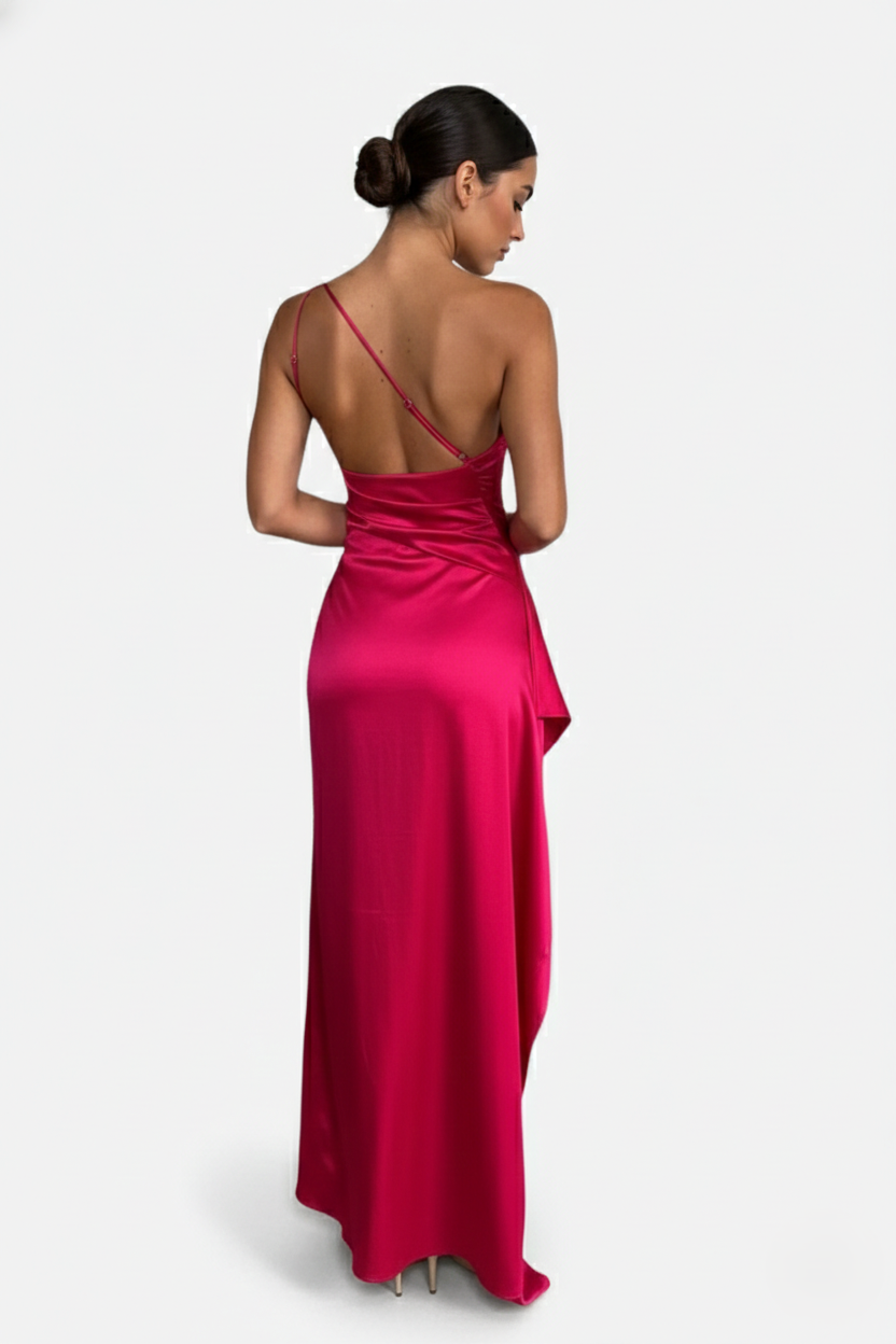 Satin One-Shoulder Maxi Dress High Side Slit - Siopie