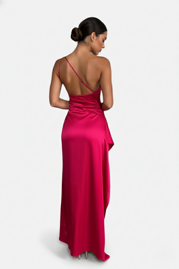 Satin One-Shoulder Maxi Dress High Side Slit - Siopie