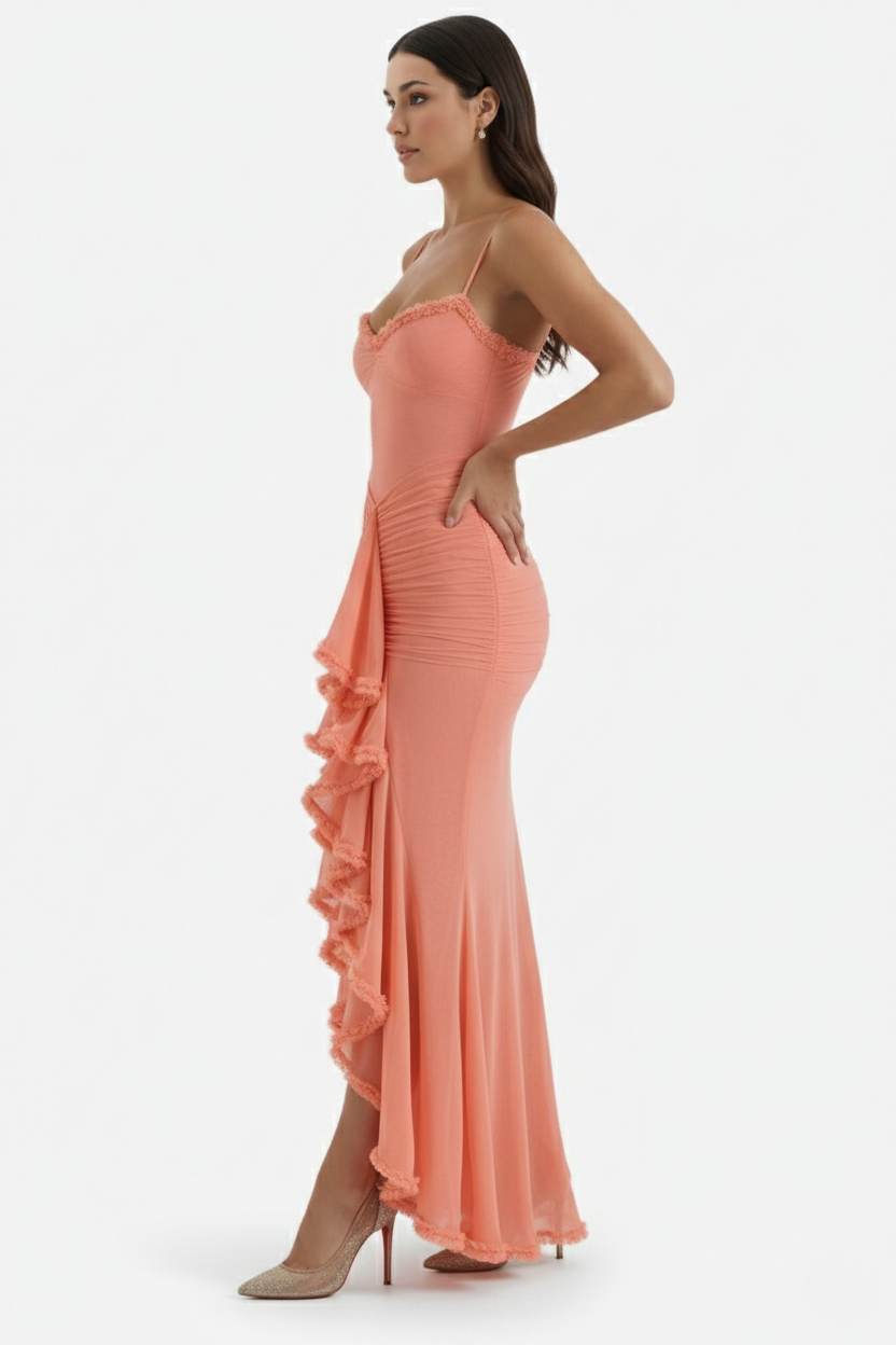 Evening Gown Ruched Mesh Ruffle Assymetrical Hem - Siopie