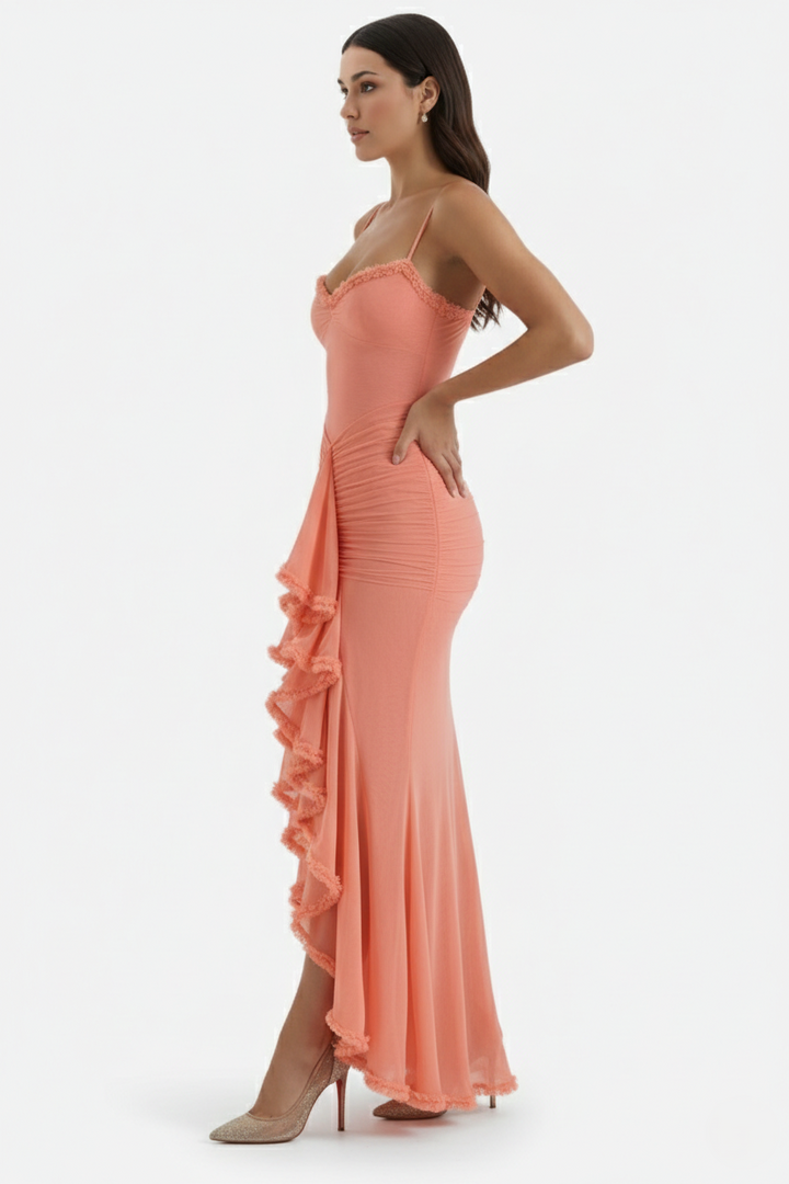 Evening Gown Ruched Mesh Ruffle Assymetrical Hem - Siopie