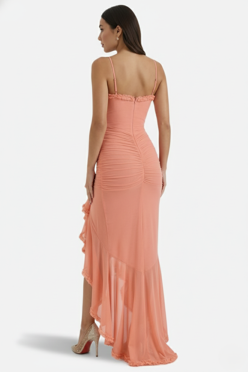 Evening Gown Ruched Mesh Ruffle Assymetrical Hem - Siopie