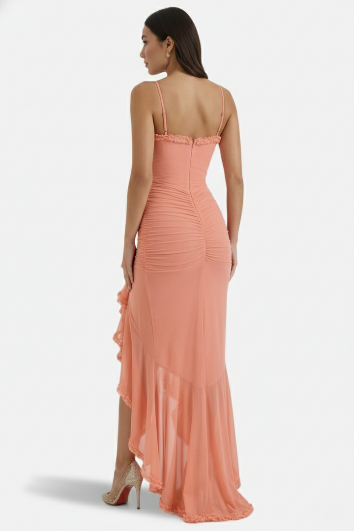 Evening Gown Ruched Mesh Ruffle Assymetrical Hem - Siopie