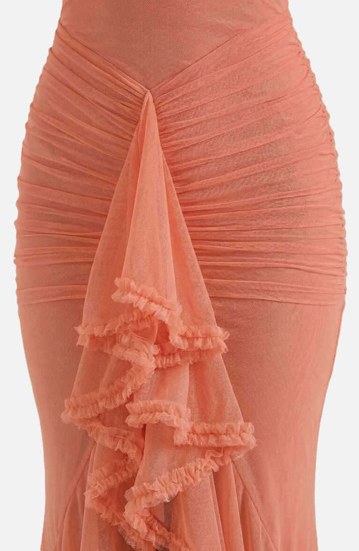 Evening Gown Ruched Mesh Ruffle Assymetrical Hem - Siopie