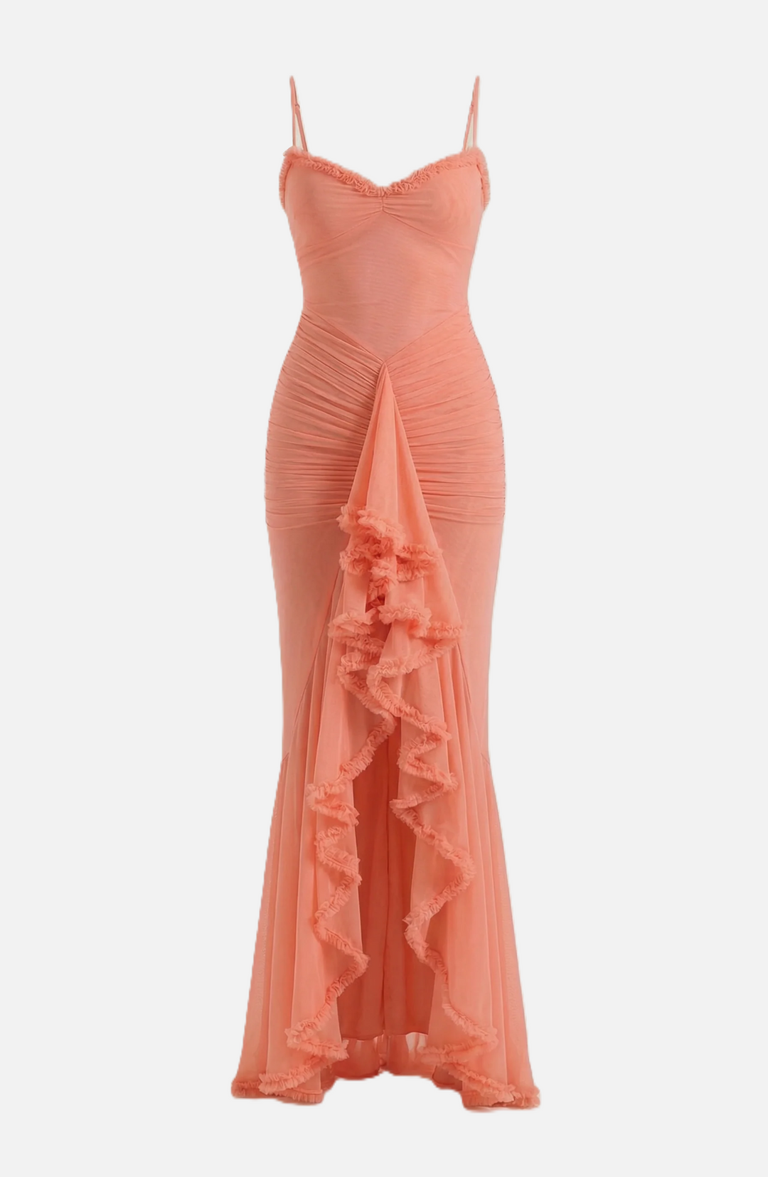 Evening Gown Ruched Mesh Ruffle Assymetrical Hem - Siopie